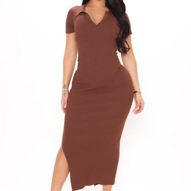Women's Solid Color Knitted V-Neck Backless Short Sleeve Side-Slit Maxi Dress