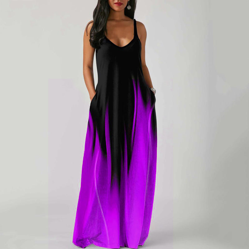 Women's Summer Plus Size Gradient Color Print Deep V-Neck Sleeveless Loose Dress