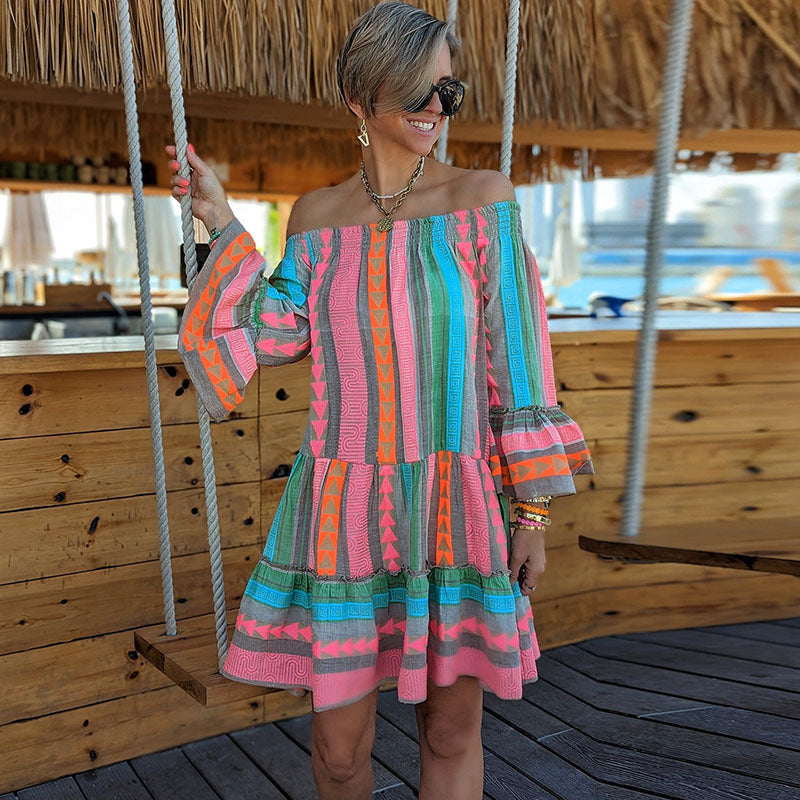 Women's Boho Vintage Flare Sleeve Off-Shoulder Casual Loose Vacation Dress