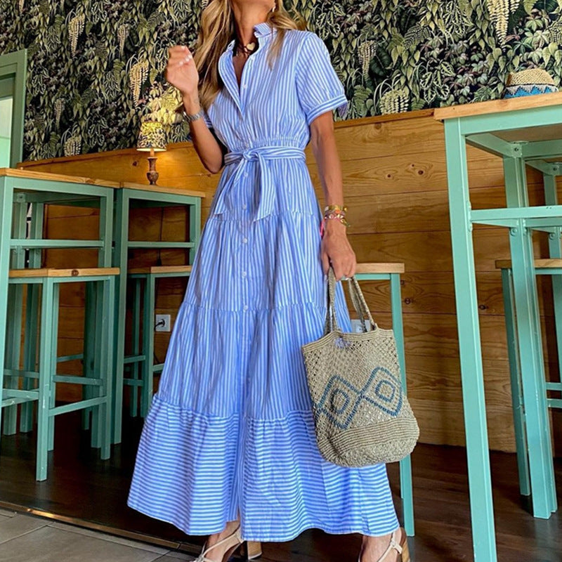 Women's Casual Classic Stripe Short Sleeve Sash Lapel Maxi Dress
