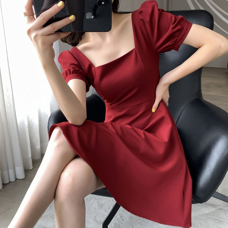 Women's Elegant Black Square Neck Short Sleeve Swing Midi Dress