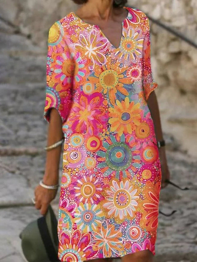 Women's Casual Elegant Flower Printed Short Sleeve V-Neck Loose A-Line Dress