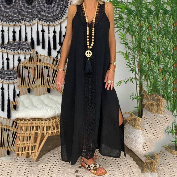 Women's Vintage Boho Lace Patchwork V-Neck Maxi Dress, Plus Size