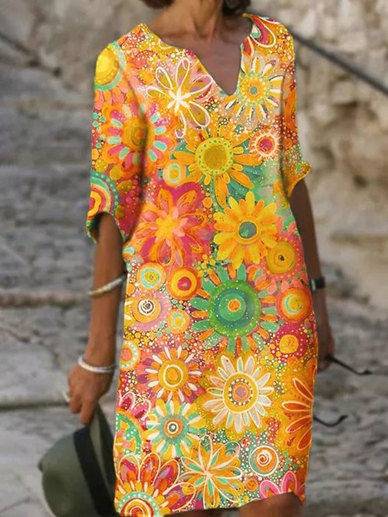 Women's Casual Elegant Flower Printed Short Sleeve V-Neck Loose A-Line Dress