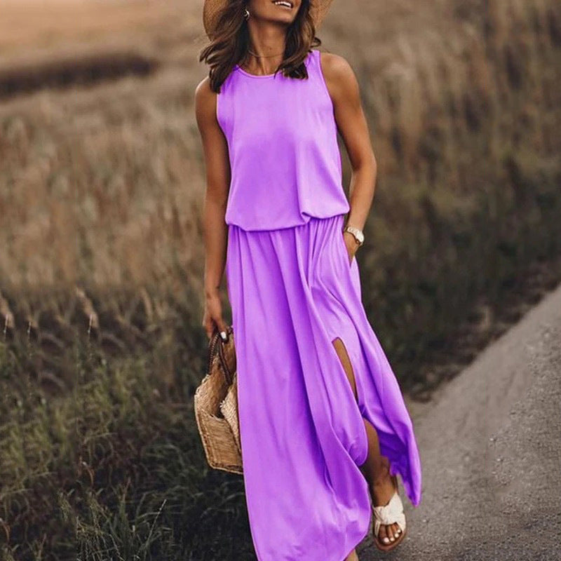 Women's Summer Casual Round Neck Sleeveless Side-Slit Solid Color Long Dress