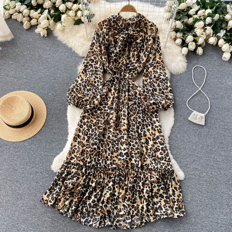 Vintage Floral Paisley Leaf Leopard Printed Bohemian Women Ruffled Pleated Dress