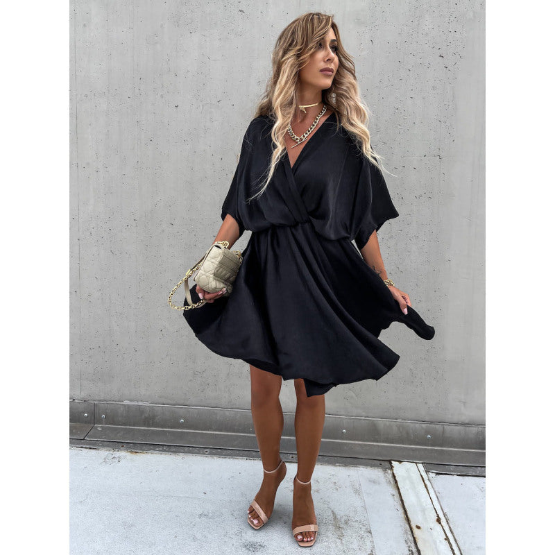 Spring Summer Solid Color Satin Loose Casual Vacation V-Neck Dress