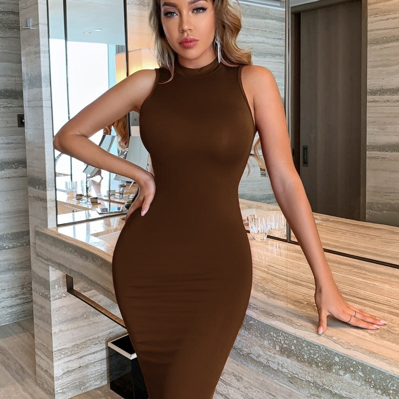 Women's Sleeveless Halter Neck Mid-Waist Bodycon Dress, Summer Solid