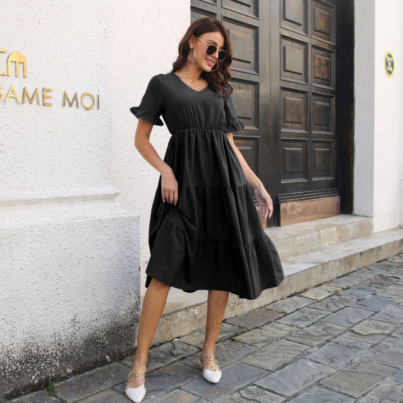 Women's Casual Chiffon V-Neck High Waist Midi Dress