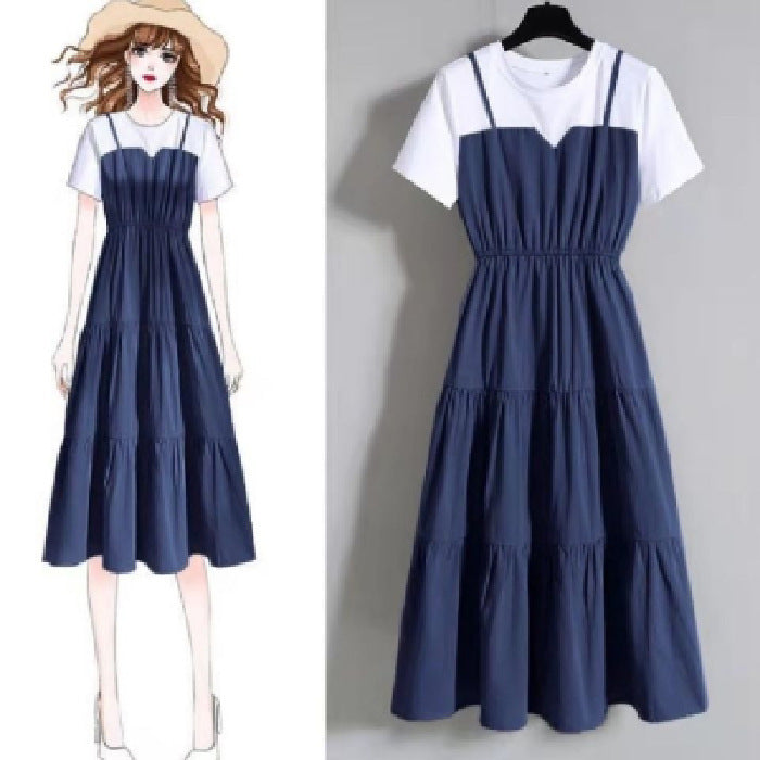 Women's Summer Fake Two-Piece Long Ruffled Short Sleeve Dress