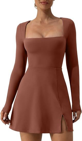 Women's Athleisure Solid Color Square Collar Long Sleeve Mini Dress