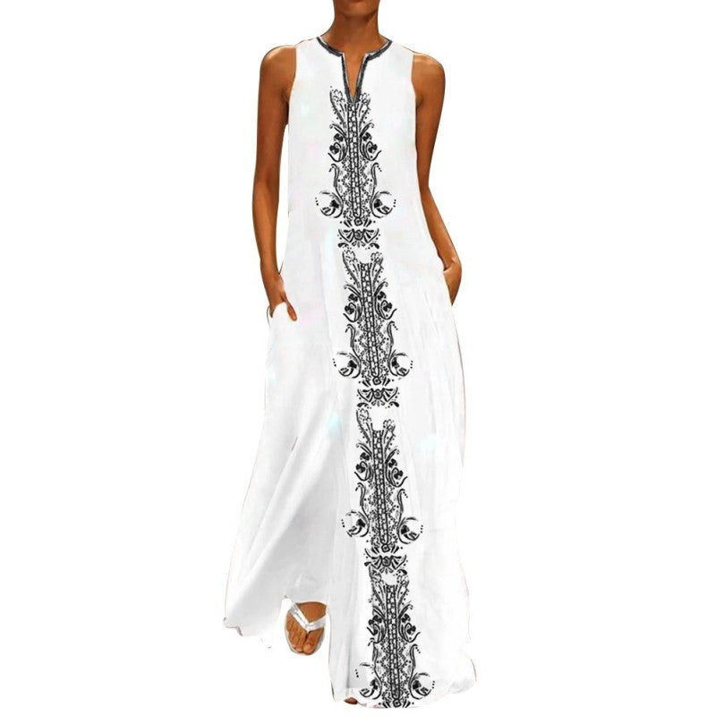 Women's Vintage Boho Print Sleeveless V-Neck Loose Casual Maxi Dress