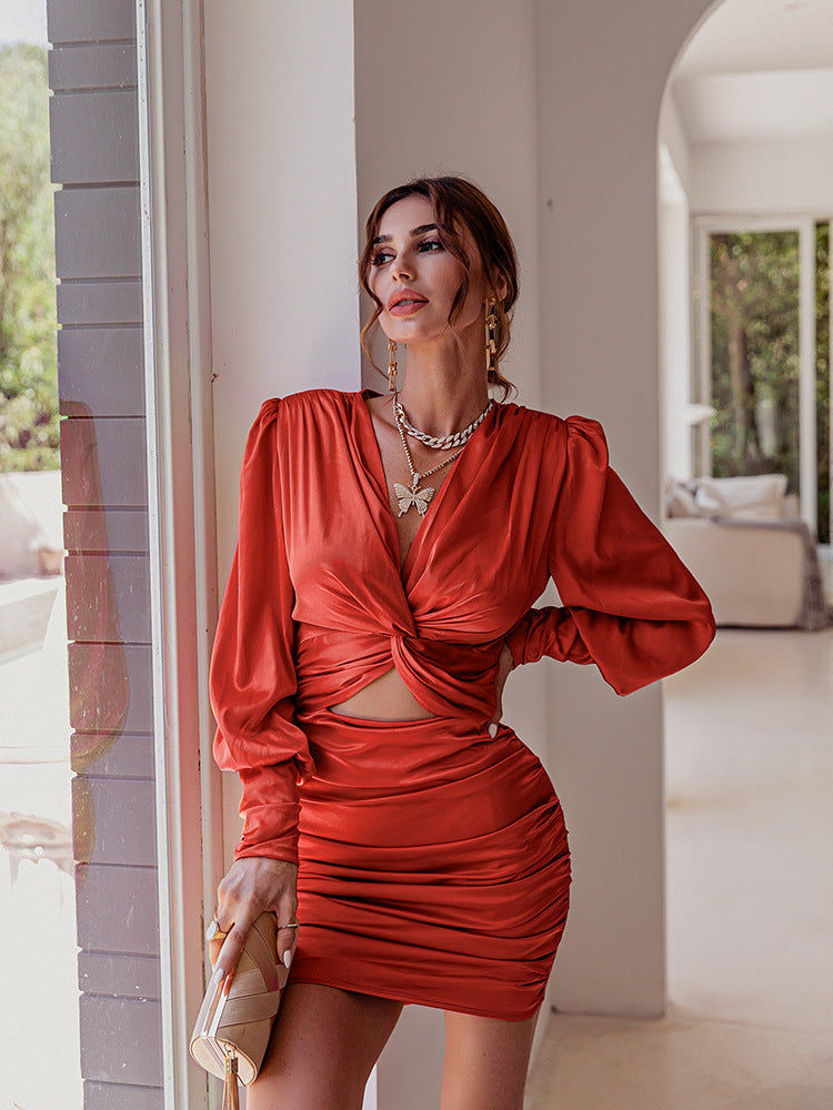 Women's Elegant Solid Satin Long Sleeve Knotted Cut Out Sweet Dating Dress