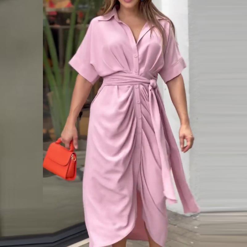 Women's Elegant Solid Color Lapel Short Sleeve Defined Waist Pleated Shirt Dress