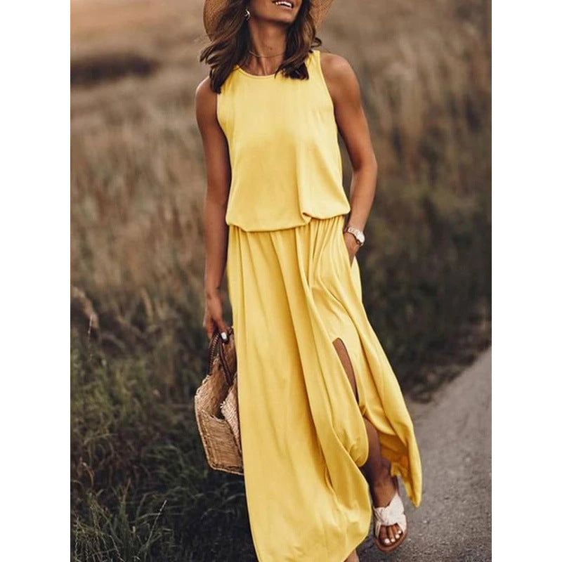 Women's Summer Casual Round Neck Sleeveless Side-Slit Solid Color Long Dress