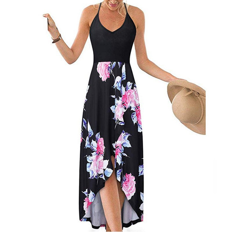 Women's Summer Casual V-Neck Sleeveless Floral Printed Maxi Dress