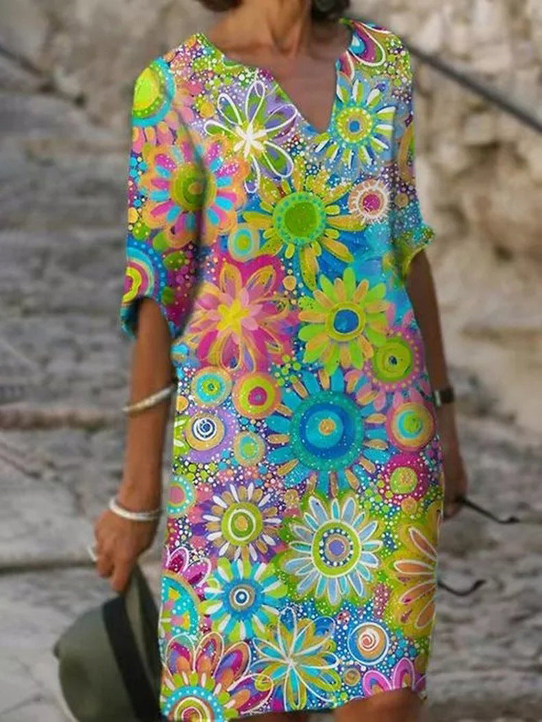 Women's Casual Elegant Flower Printed Short Sleeve V-Neck Loose A-Line Dress