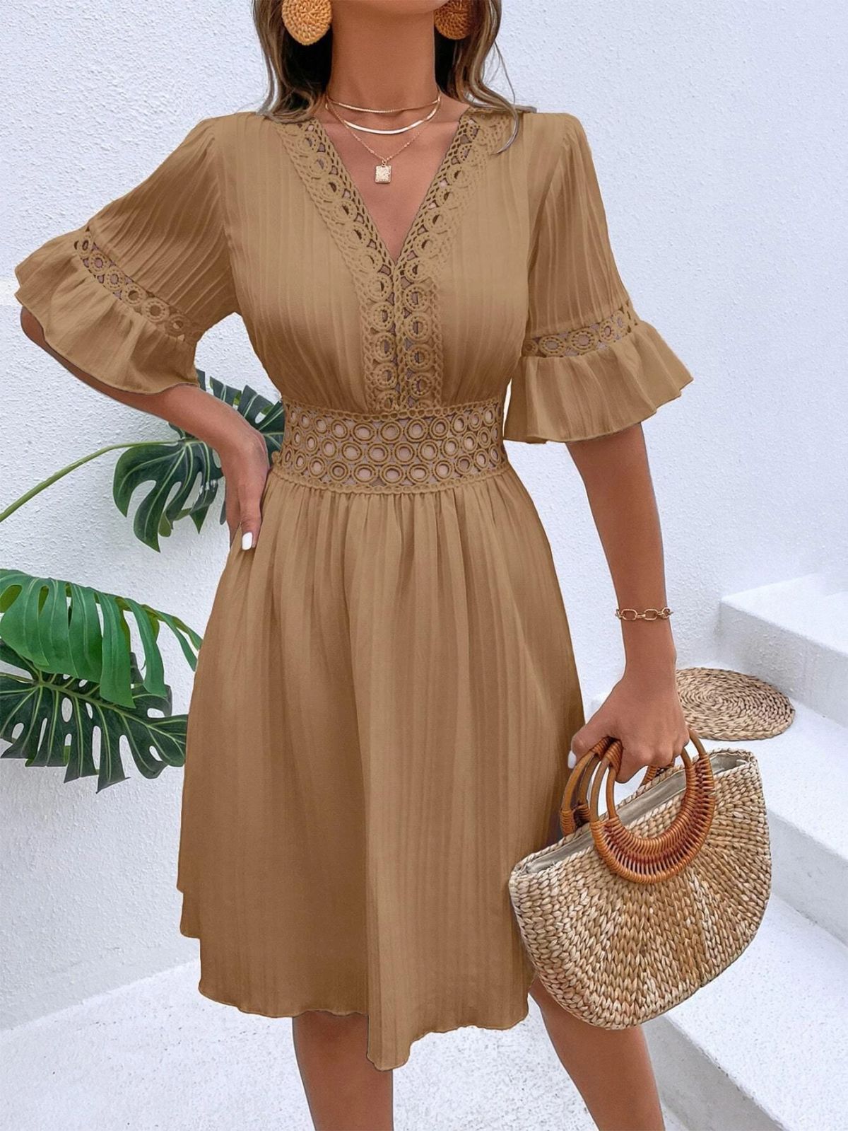 Women's Solid Color Hollow V-Neck Dress