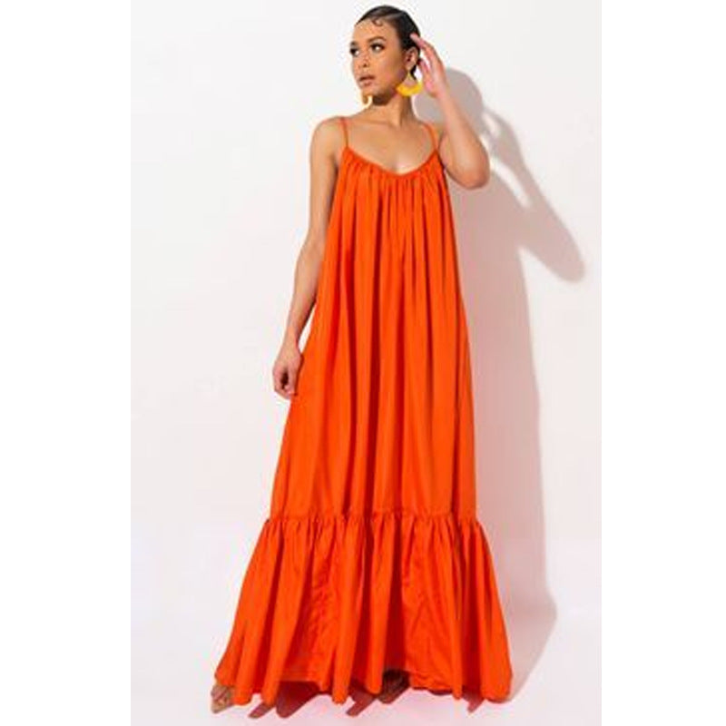 Women's Summer Loose Solid Color Sling Maxi Dress, with Pile
