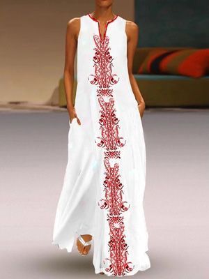 Women's Vintage Boho Print Sleeveless V-Neck Loose Casual Maxi Dress