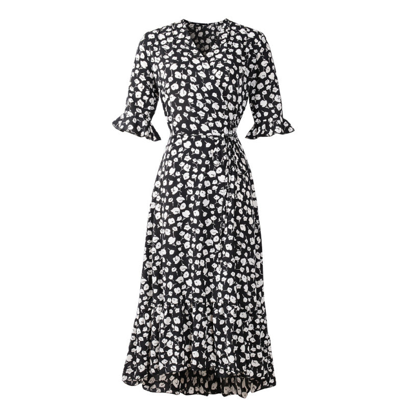 Women's Summer Chiffon Floral Print Ruffled Short Sleeve Swing Slit Midi Dress