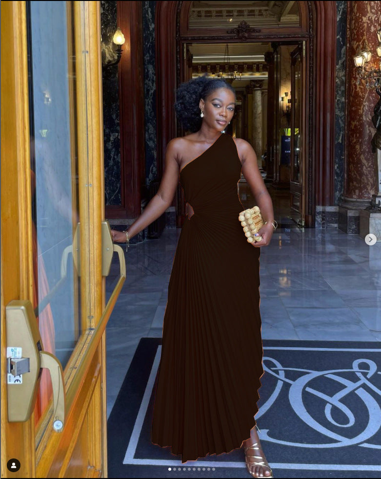Women's One Shoulder Hollow Pressed Pleated Maxi Dress