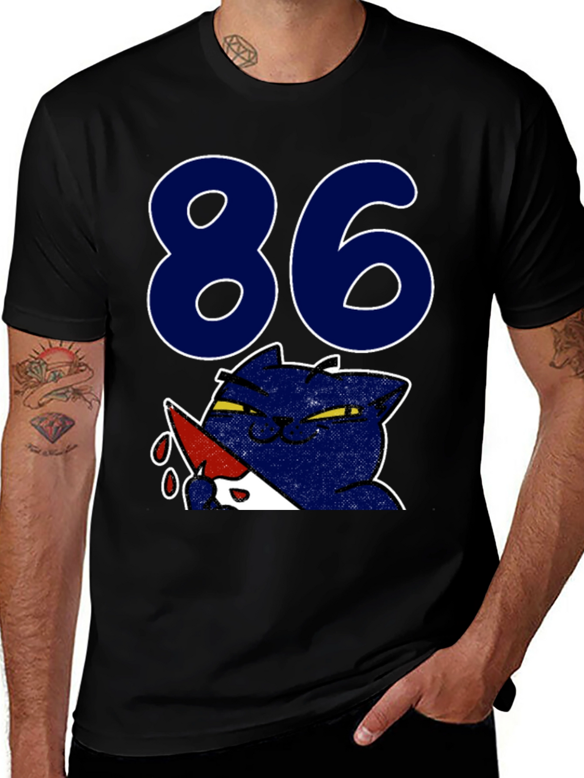 Funny Cat 86 T-Shirt - Black Crew Neck Tee