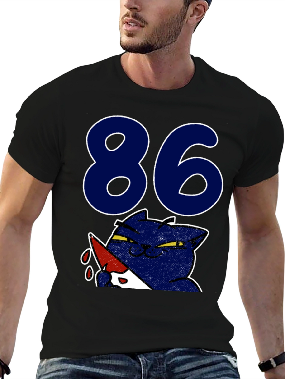 Funny Cat 86 T-Shirt - Black Crew Neck Tee