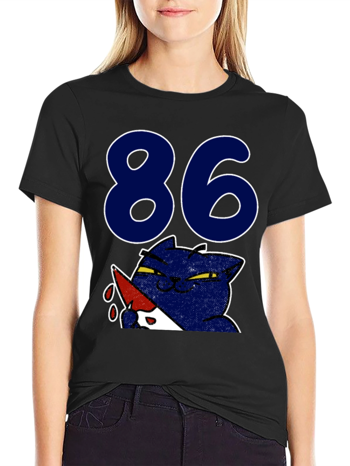 Funny Cat 86 T-Shirt - Black Crew Neck Tee