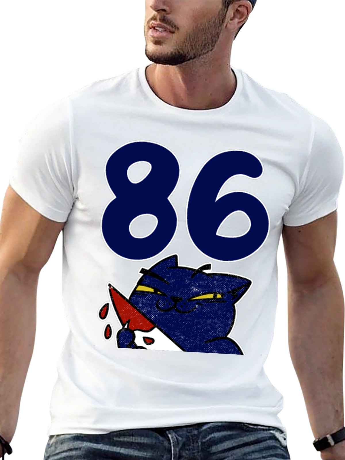 Funny Cat 86 T-Shirt - Black Crew Neck Tee