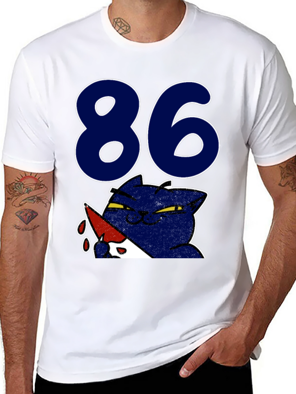 Funny Cat 86 T-Shirt - Black Crew Neck Tee