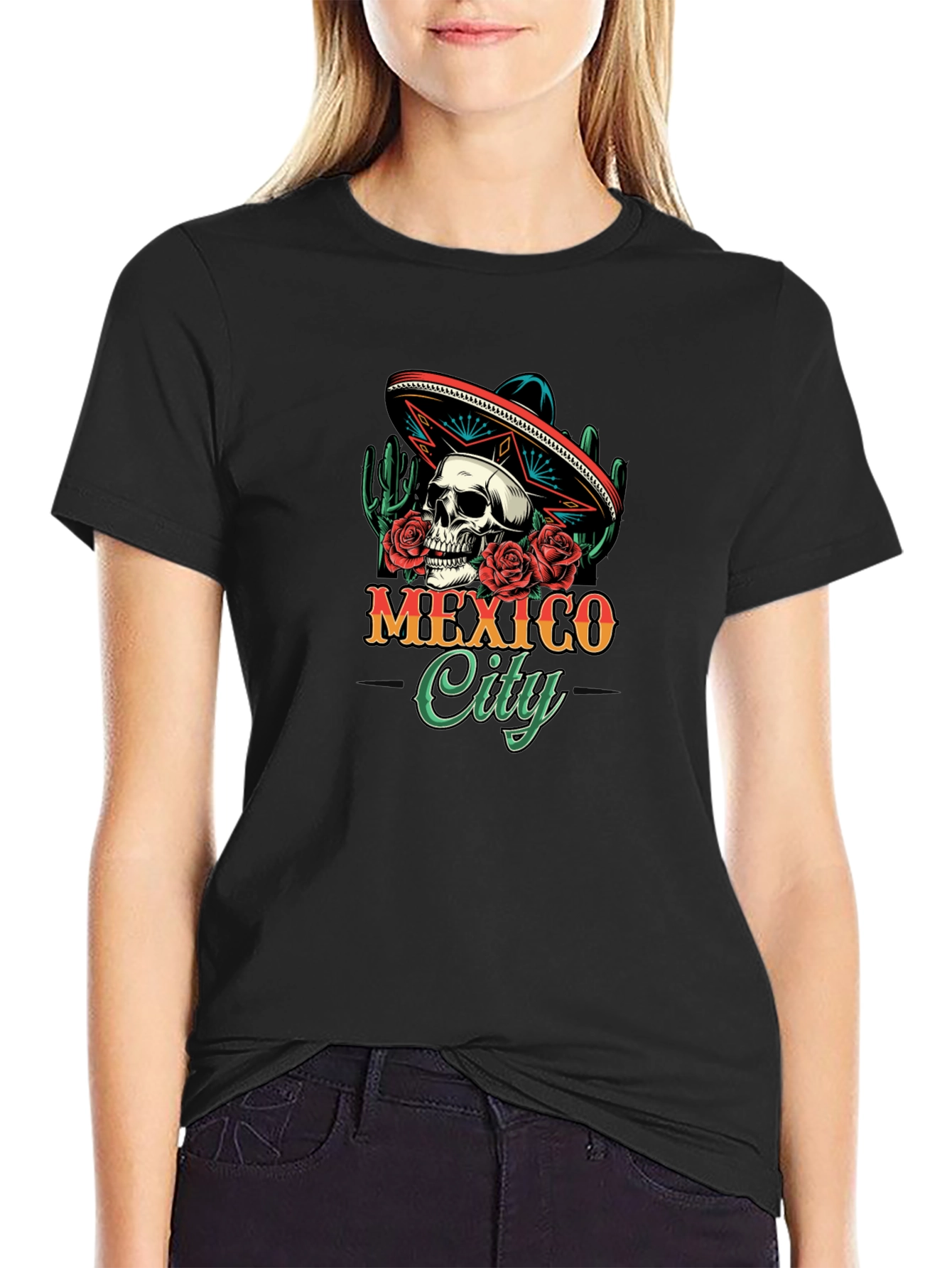 Mexico City Skull Sombrero T-Shirt - Mens Black Tee