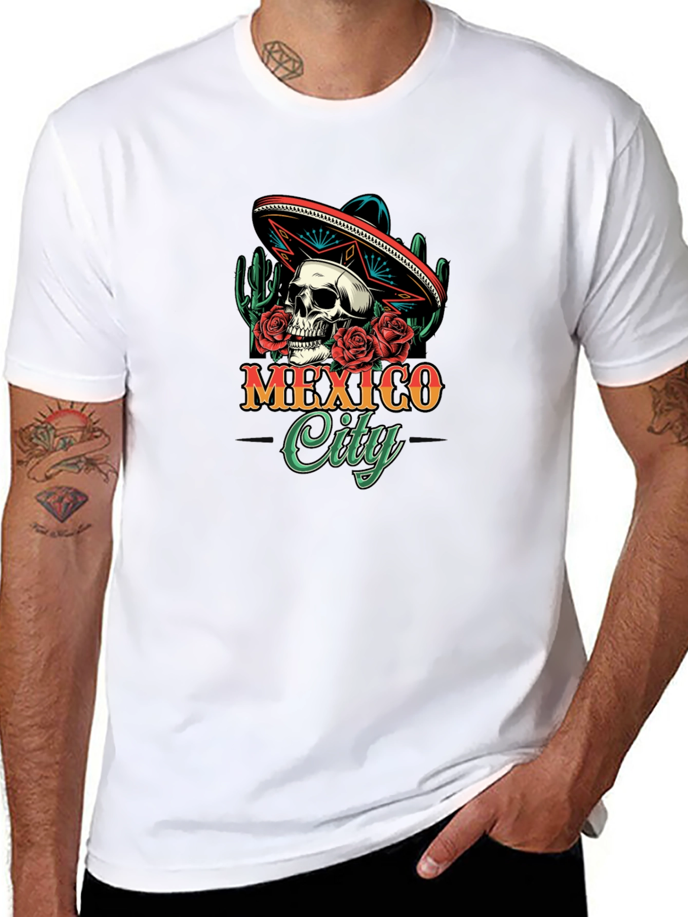 Mexico City Skull Sombrero T-Shirt - Mens Black Tee
