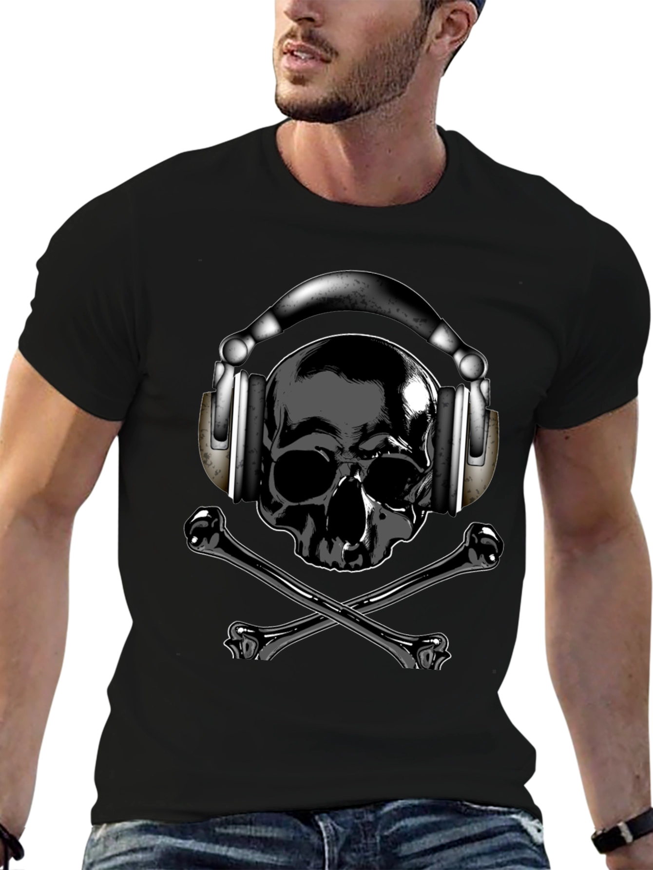 Skull & Crossbones T-Shirt with Headphones - Dark Style