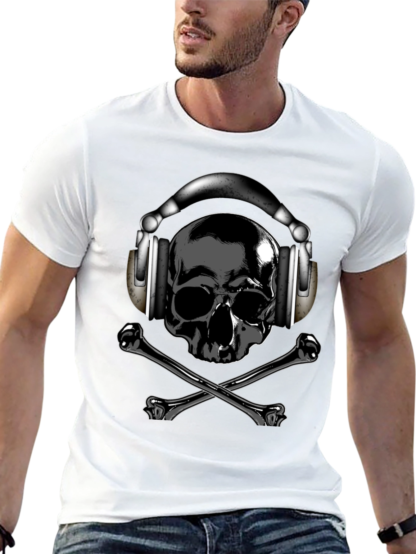 Skull & Crossbones T-Shirt with Headphones - Dark Style