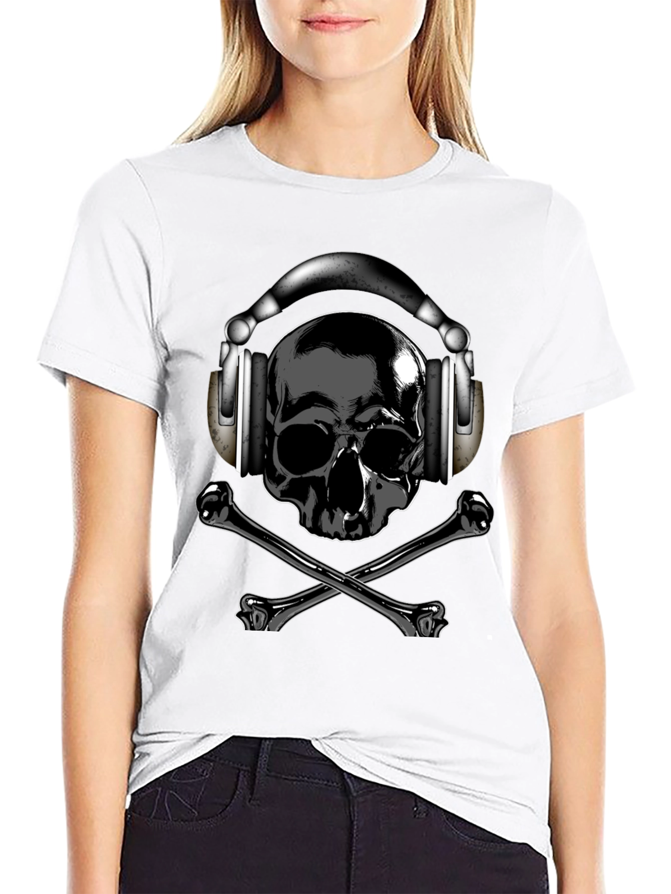 Skull & Crossbones T-Shirt with Headphones - Dark Style