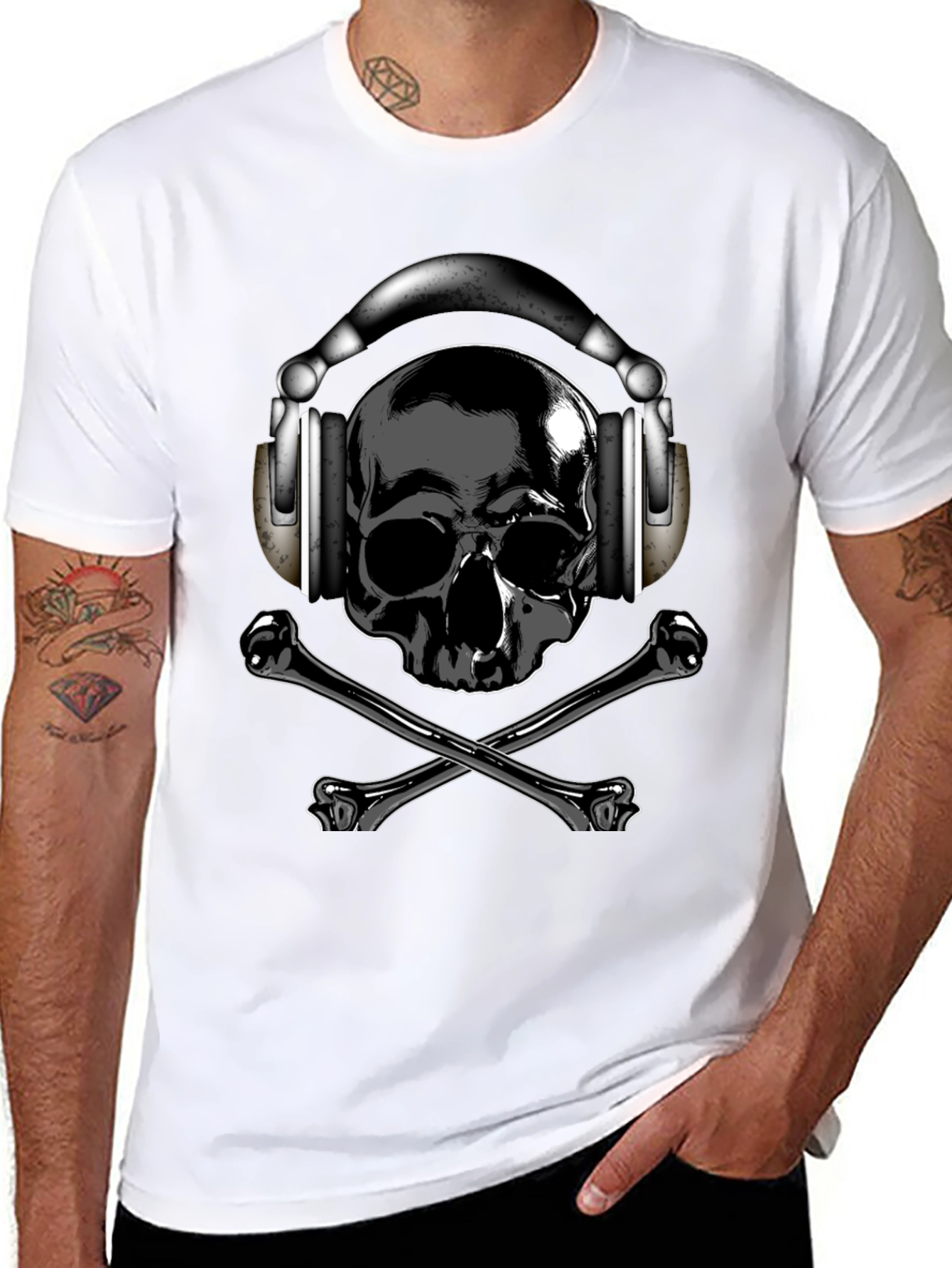 Skull & Crossbones T-Shirt with Headphones - Dark Style