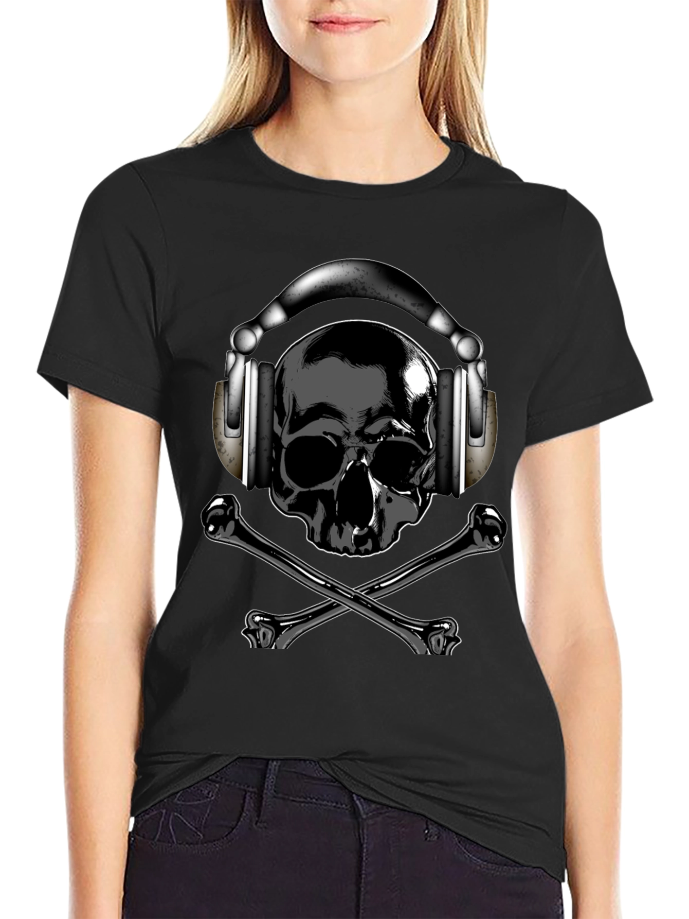 Skull & Crossbones T-Shirt with Headphones - Dark Style
