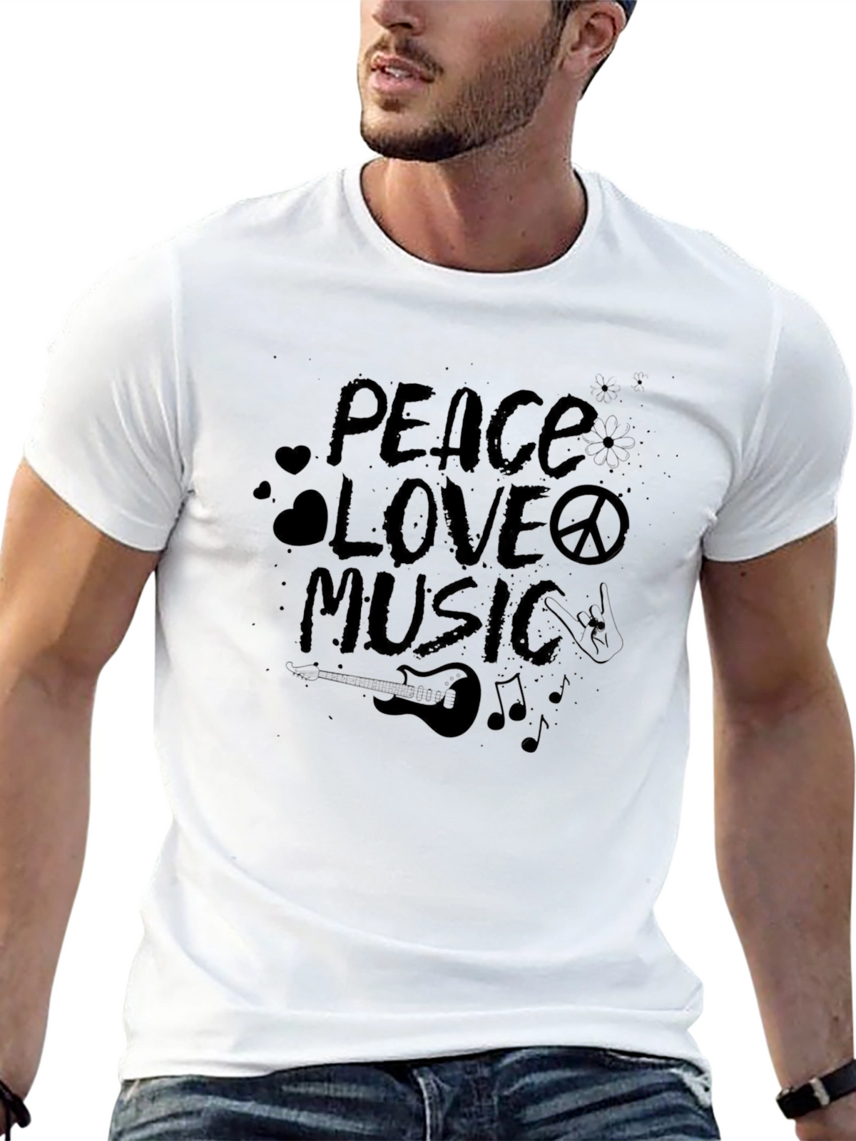 Peace Love Music Graphic Black T-Shirt
