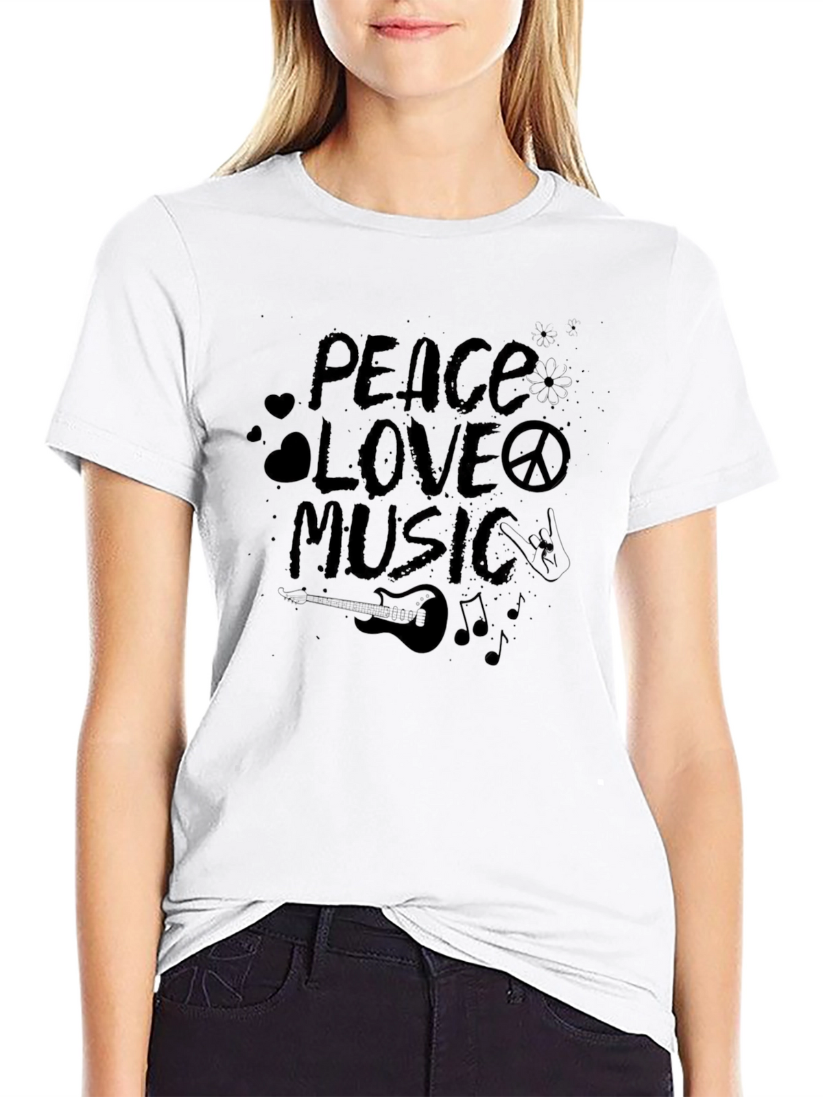 Peace Love Music Graphic Black T-Shirt