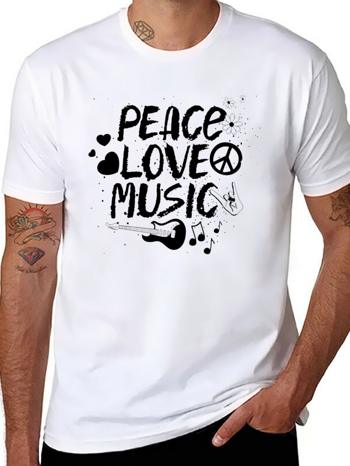 Peace Love Music Graphic Black T-Shirt