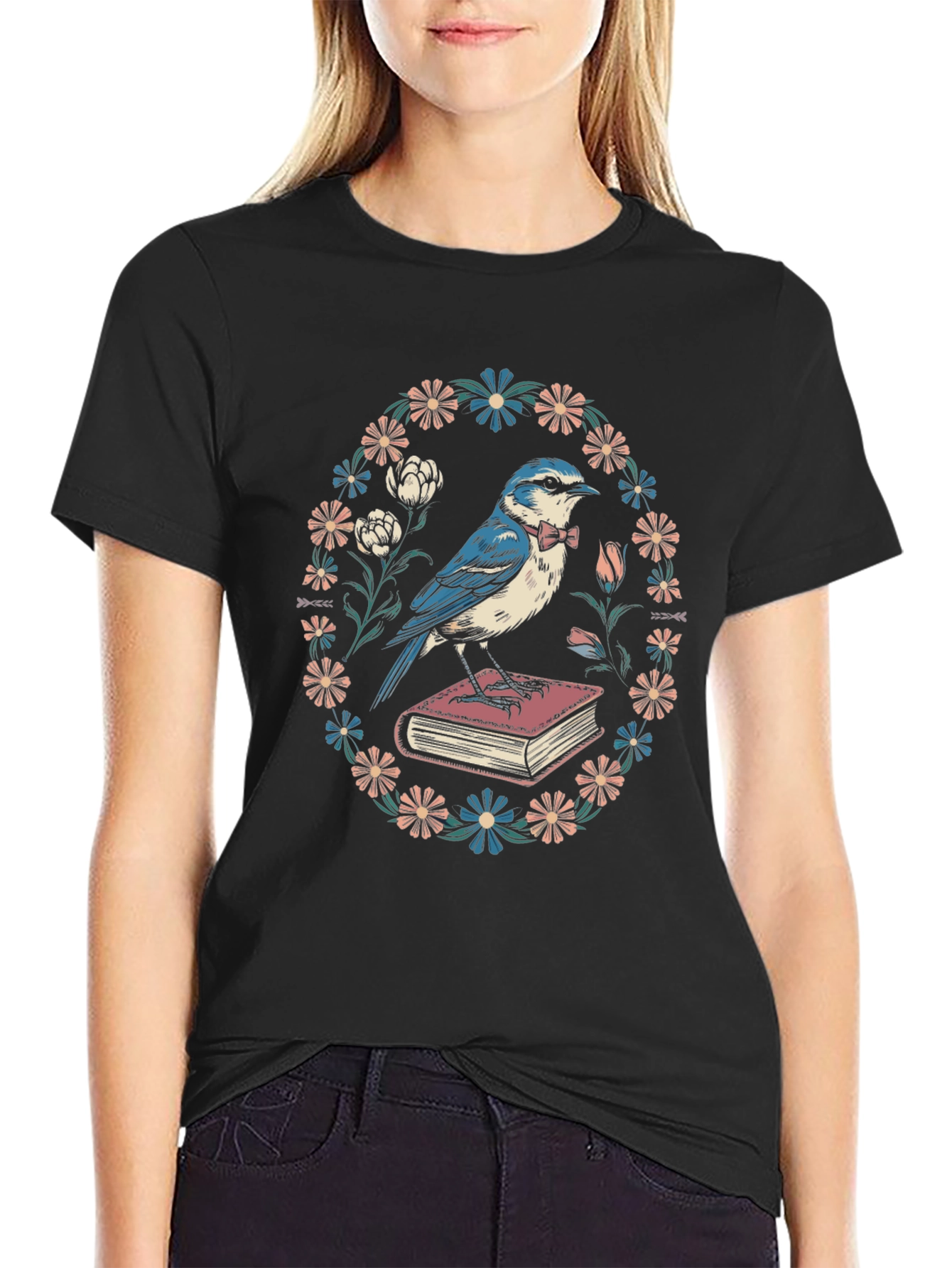 Whimsical Bird on Book T-Shirt