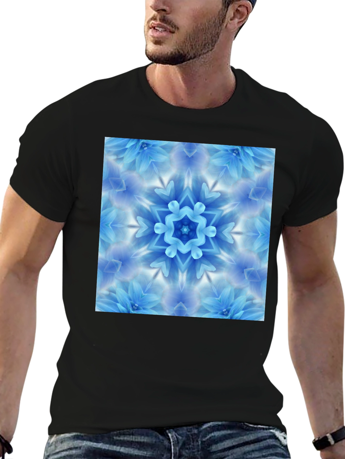 Black Tee with Blue Flower Mandala Graphic