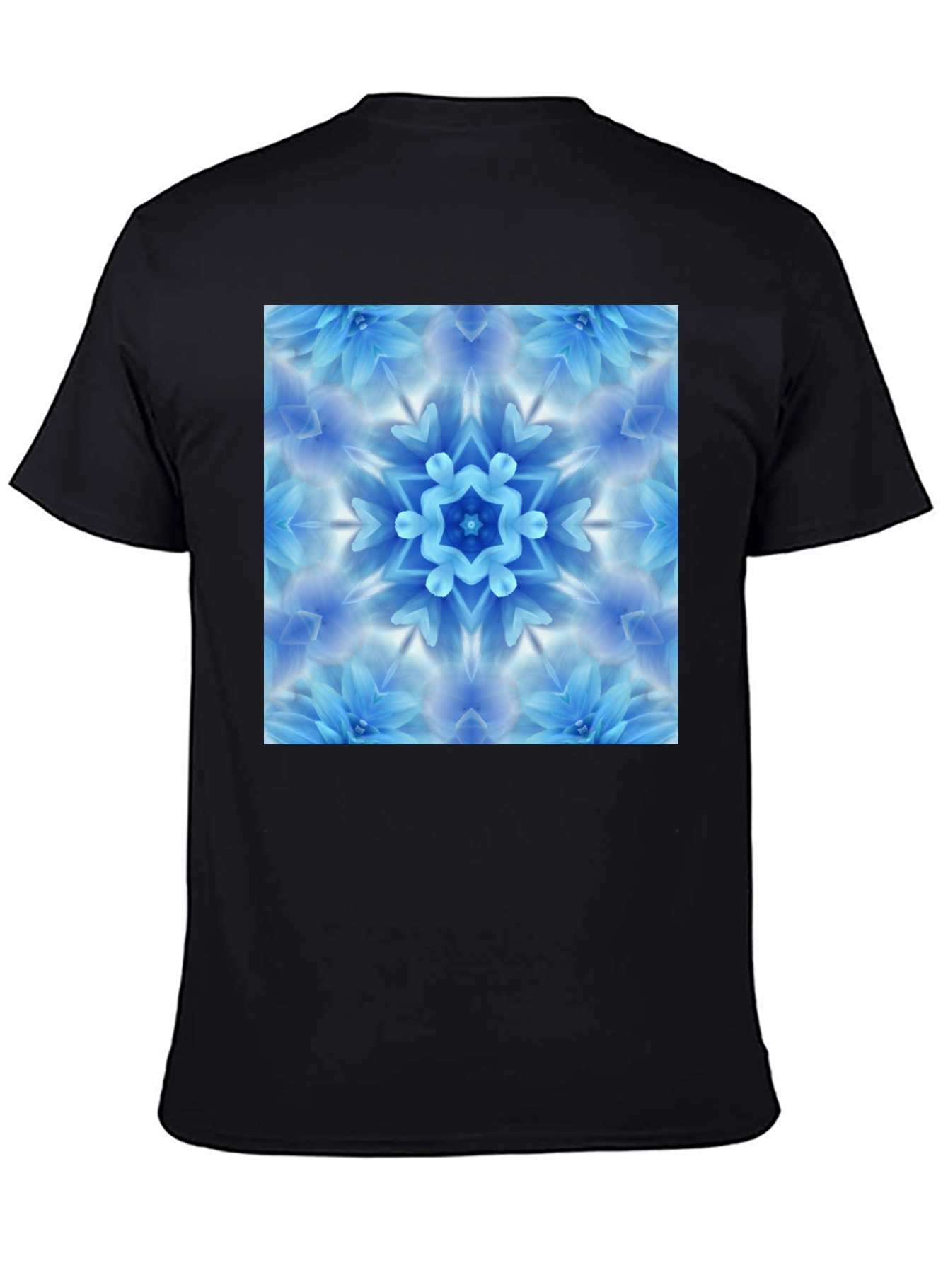Black Tee with Blue Flower Mandala Graphic