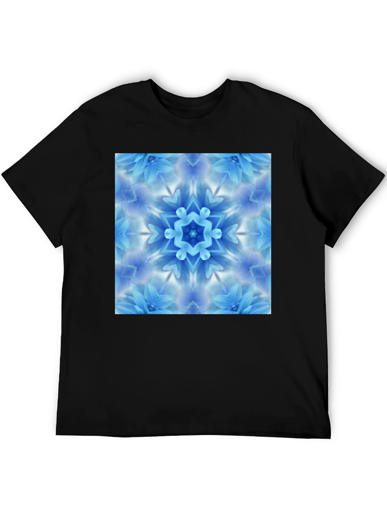 Black Tee with Blue Flower Mandala Graphic