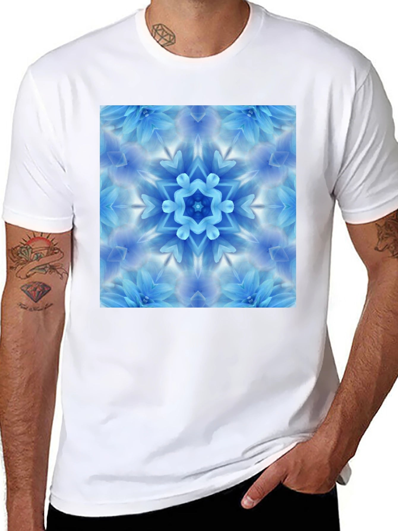 Black Tee with Blue Flower Mandala Graphic