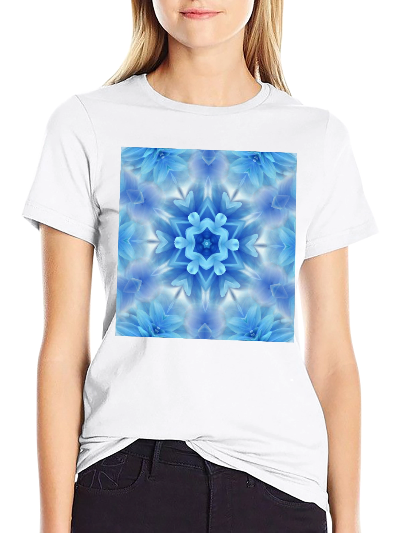 Black Tee with Blue Flower Mandala Graphic