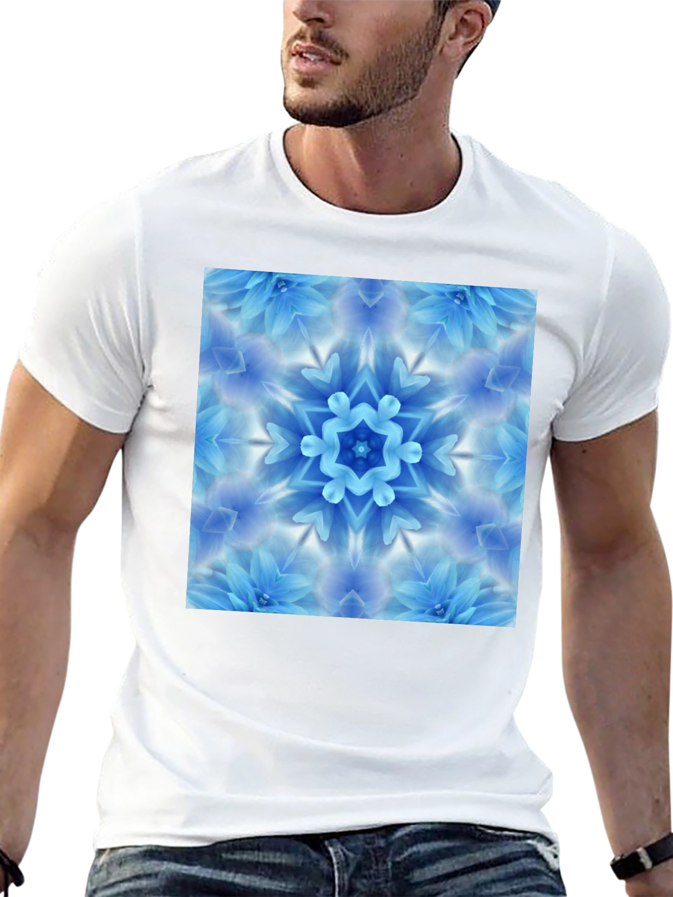 Black Tee with Blue Flower Mandala Graphic