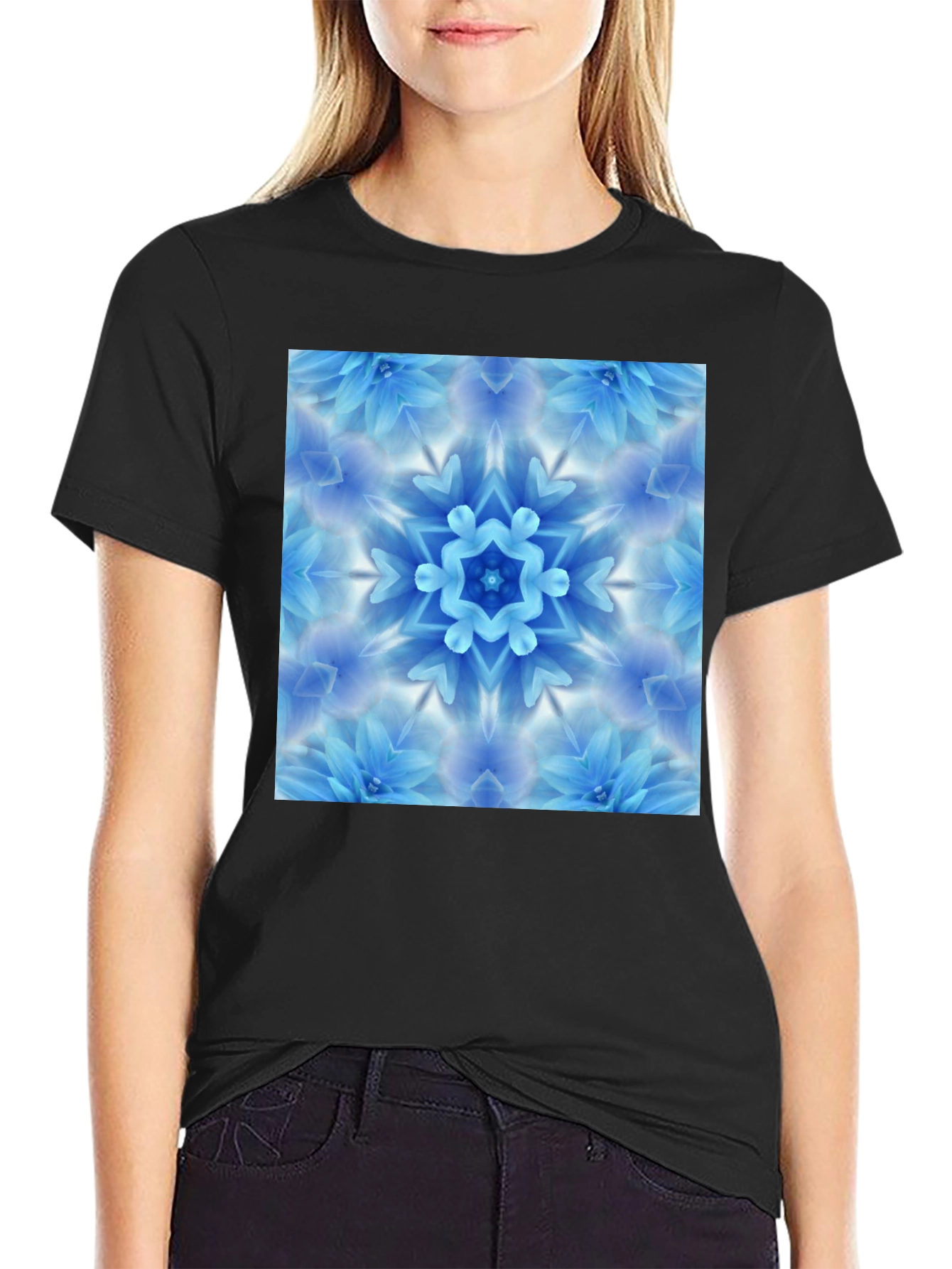 Black Tee with Blue Flower Mandala Graphic