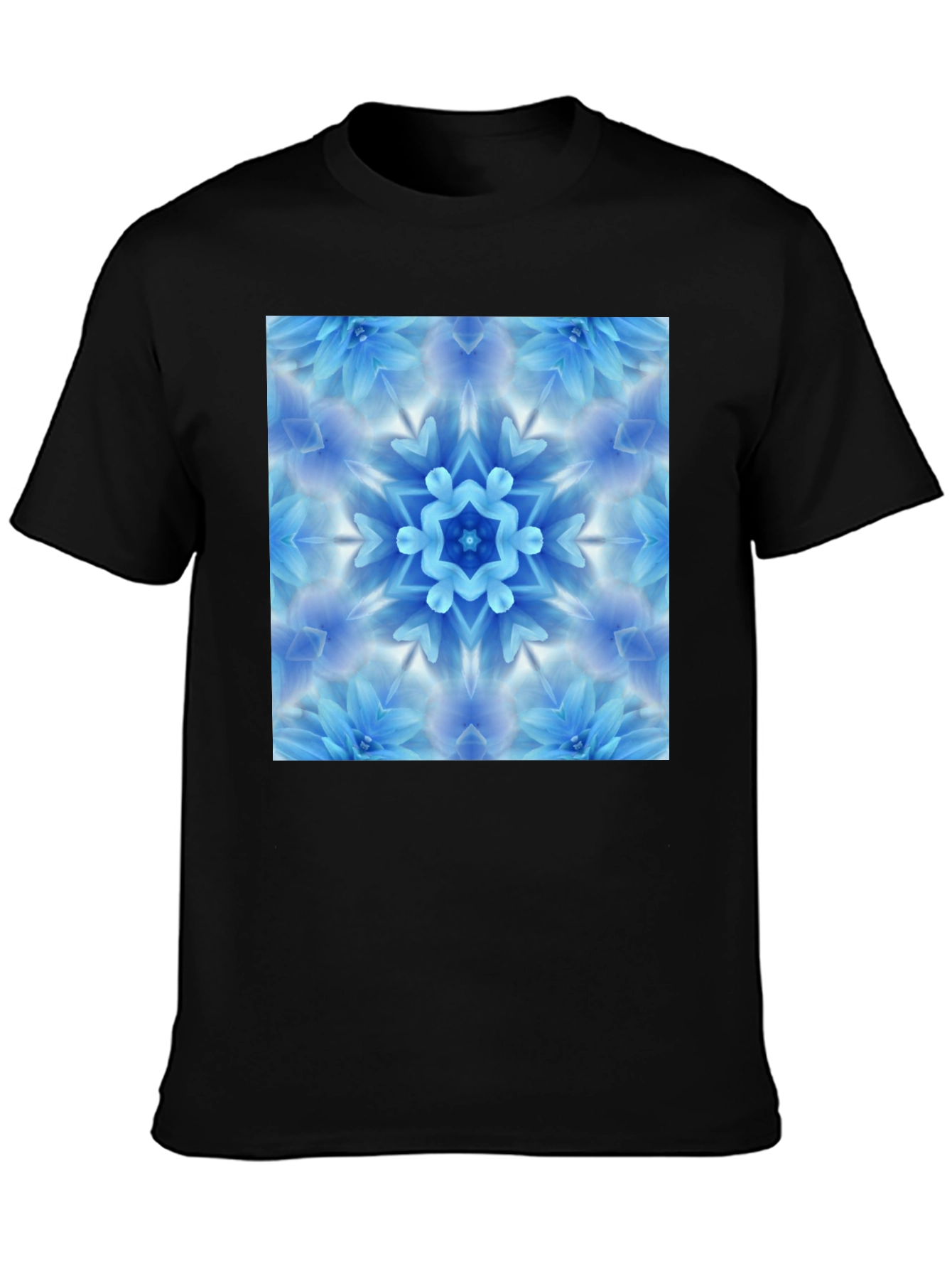 Black Tee with Blue Flower Mandala Graphic